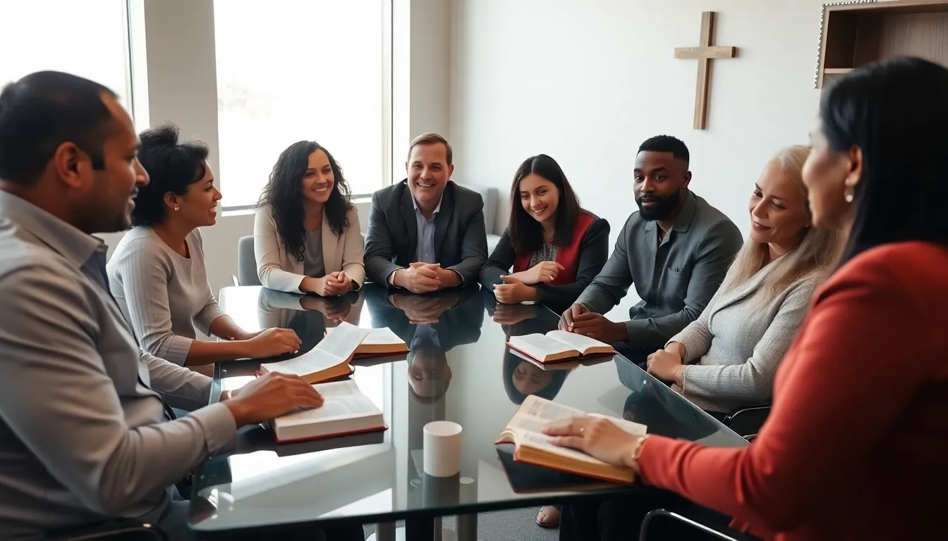 diverse Christian leaders discussing values in a modern conference room.