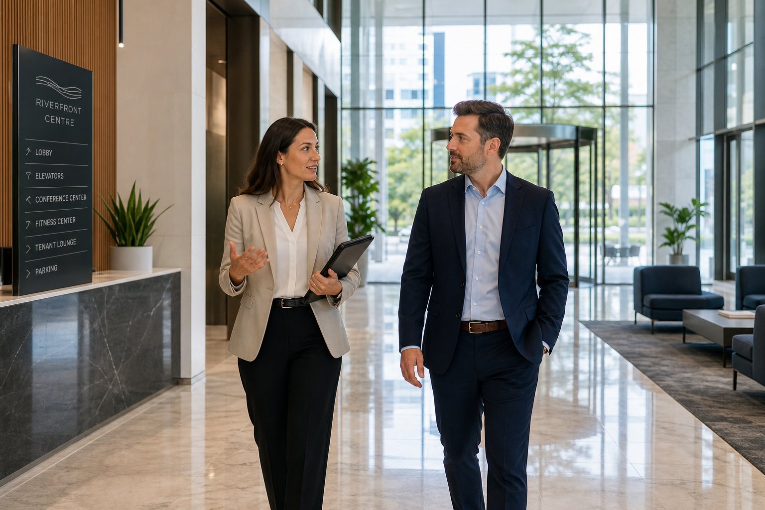 Client and lender walking through a modern office lobby during a commercial property financing visit.