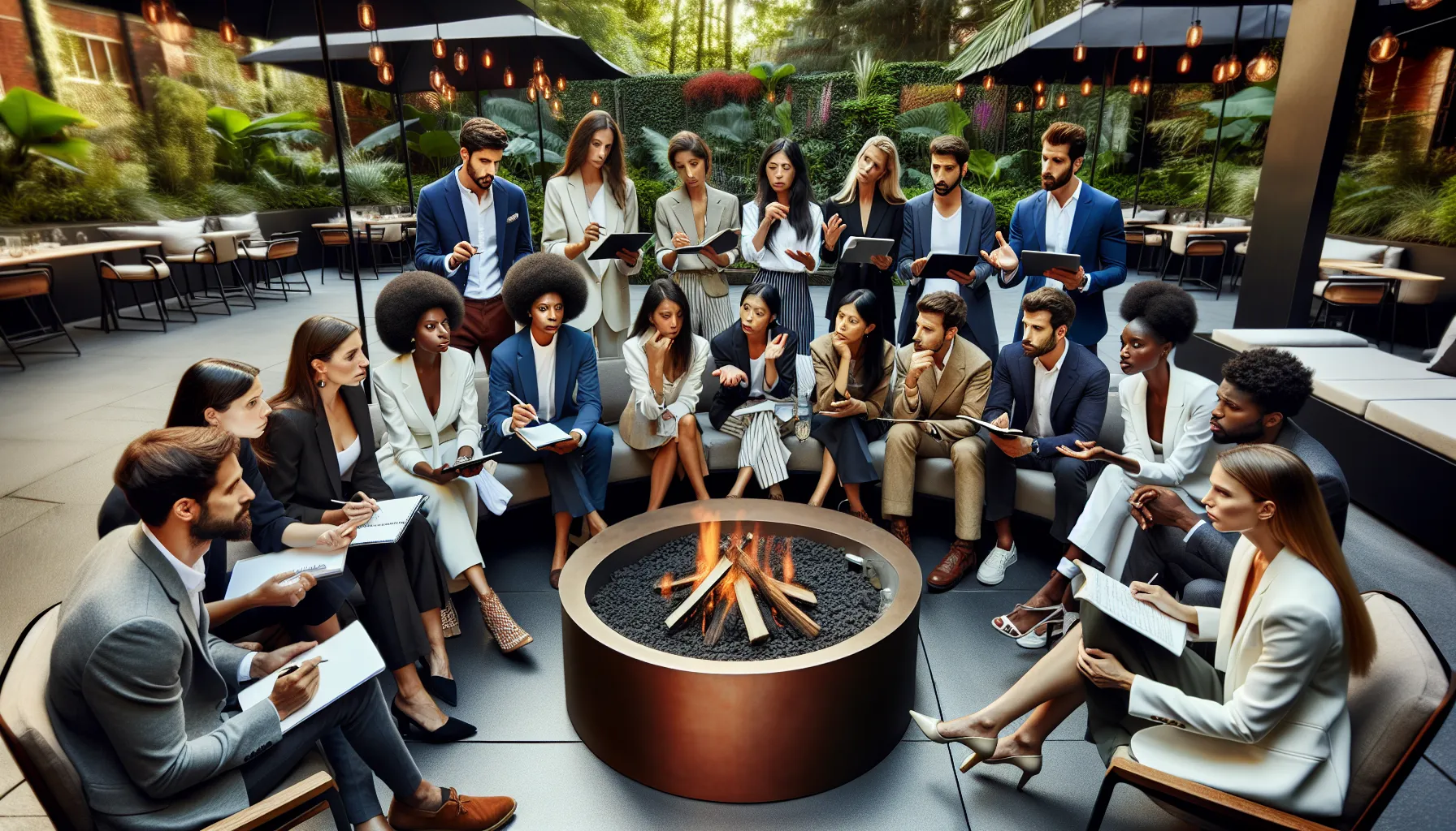 diverse professionals discussing ideas around a modern fire pit.