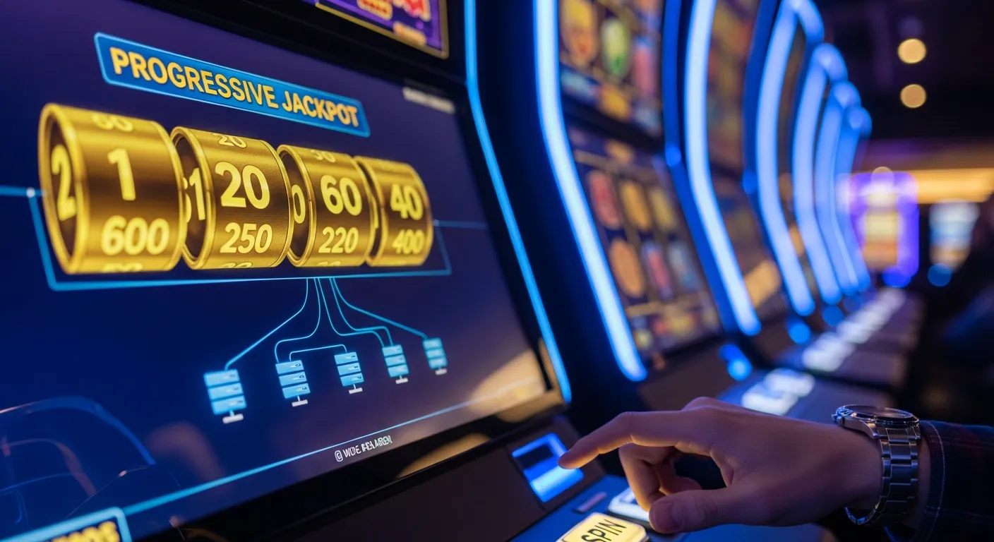 A slot machine screen showing a rapidly increasing progressive jackpot counter.