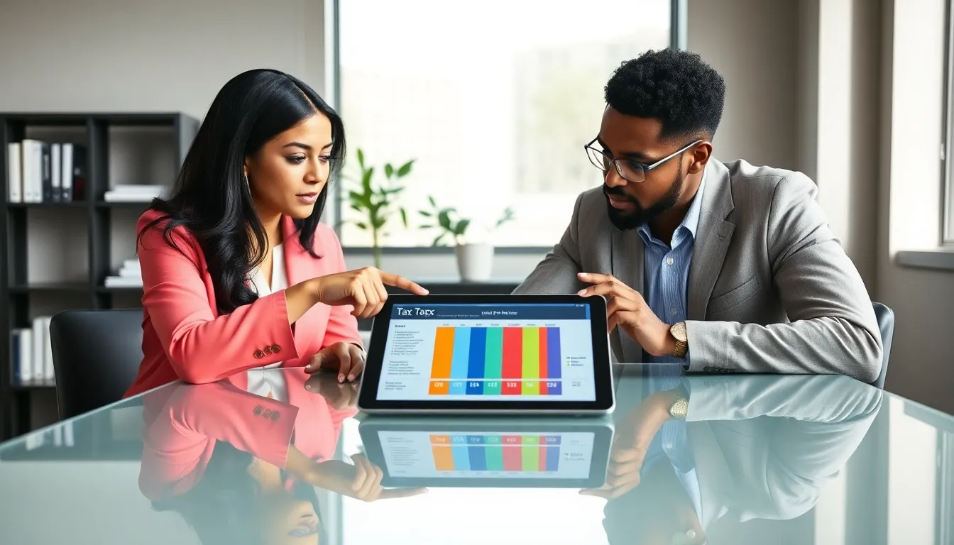 diverse financial team analyzing tax strategies in a modern office.