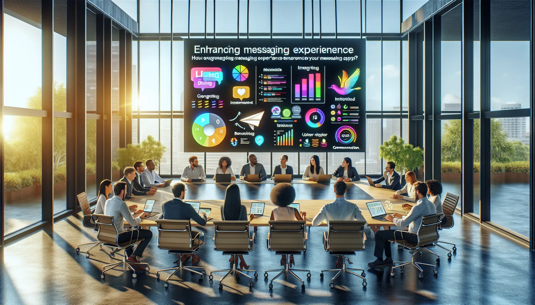 diverse team discussing WhatsApp enhancements in a modern office.