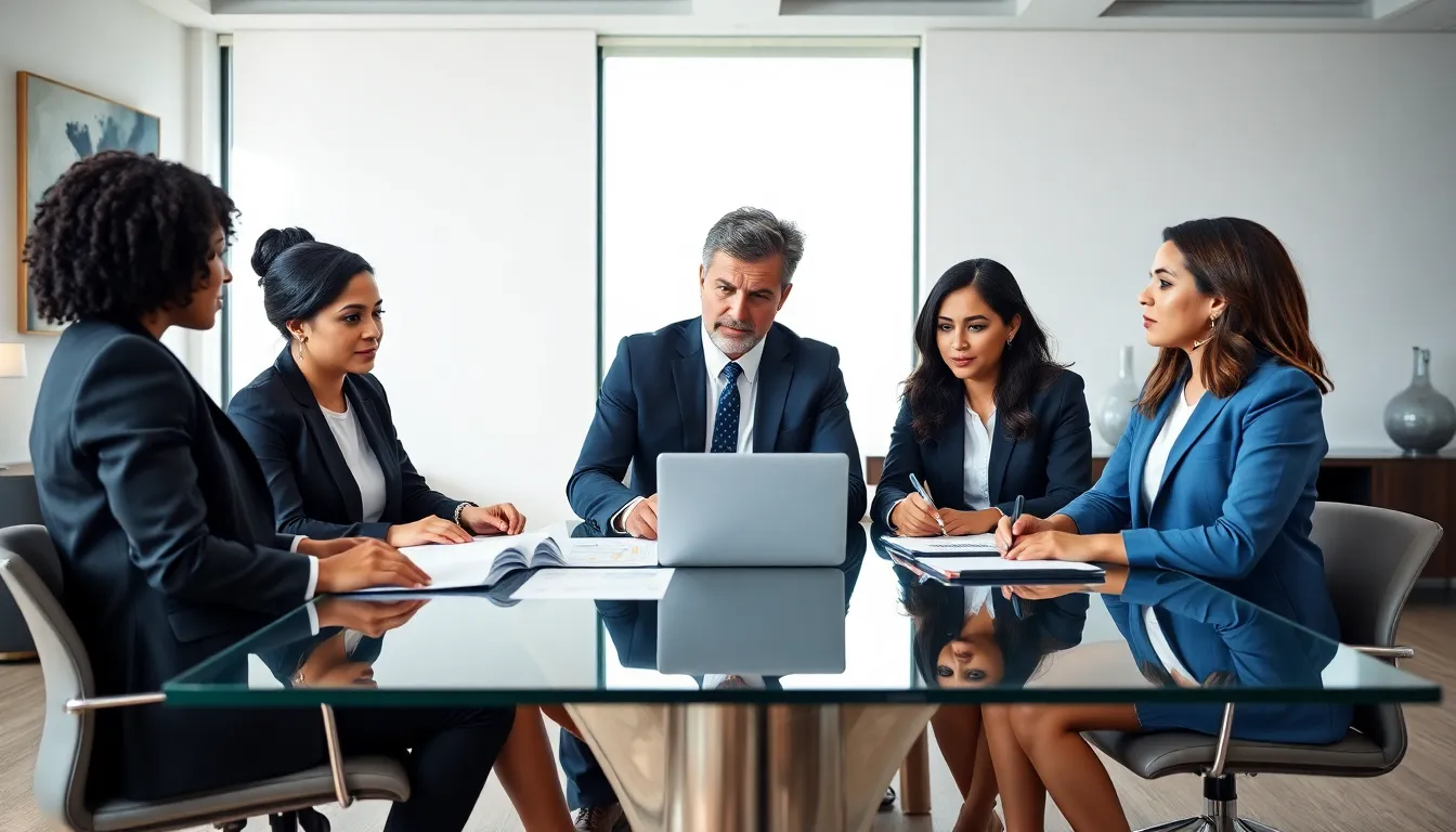 financial advisors discussing tax strategies in a modern office.