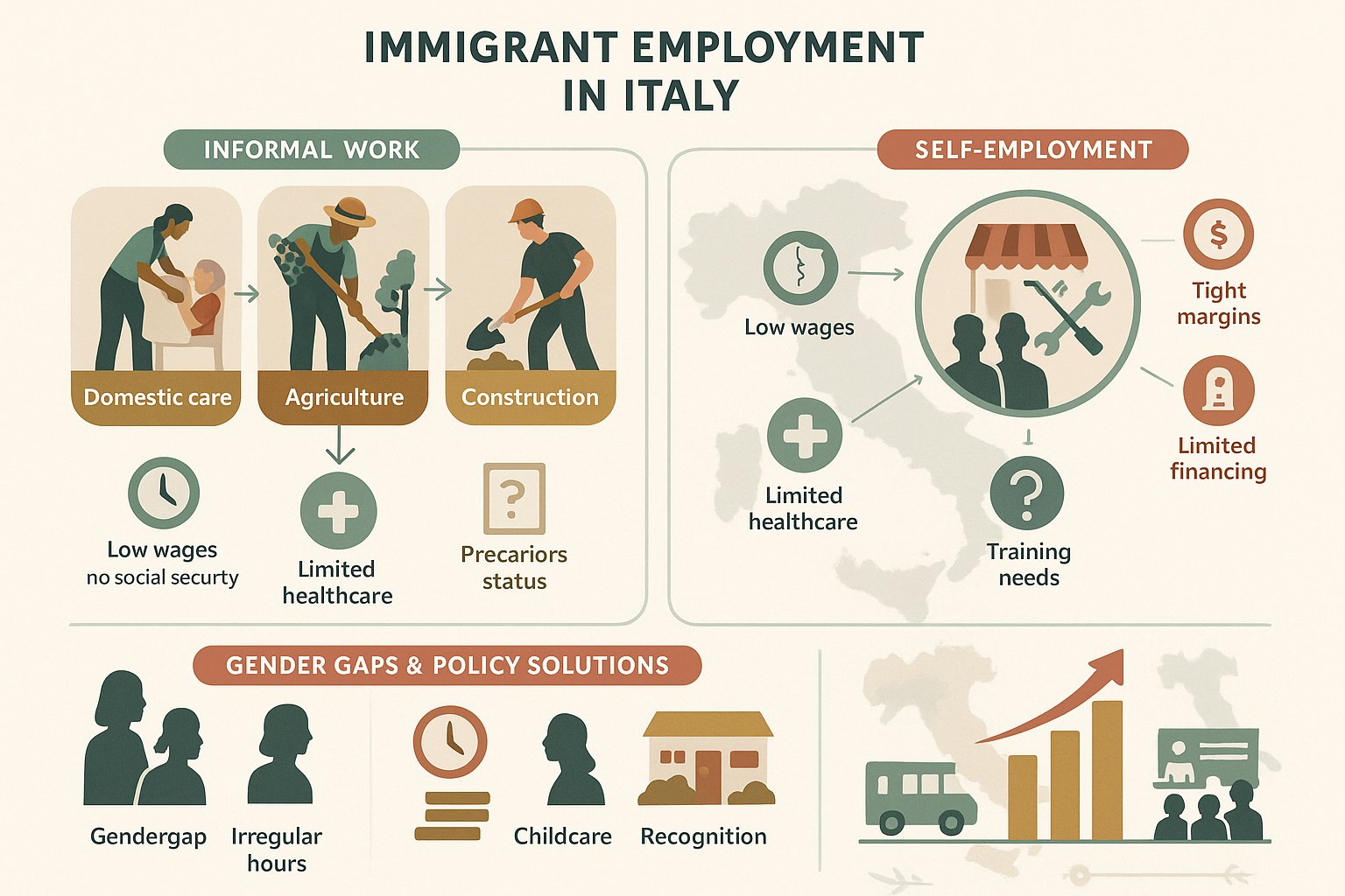 Infografica che mostra tipi di lavoro degli immigrati, rischi, divari di genere e soluzioni politiche in Italia.