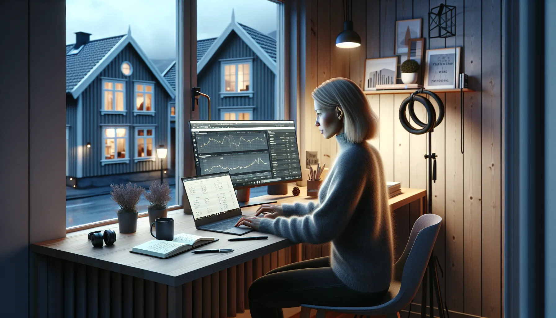 Norwegian course creator building an online course at home, tracking income on screen.