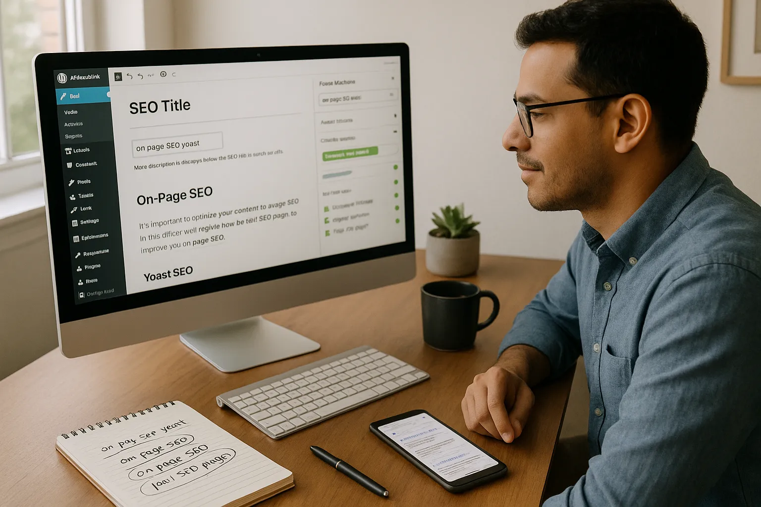Marketer adjusts Yoast focus keyphrase for on-page SEO on a desktop screen.