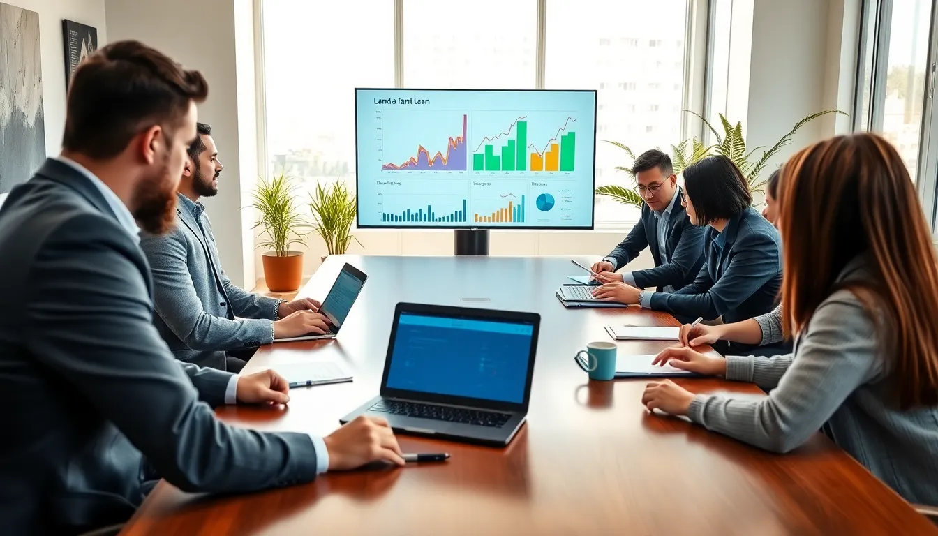 diverse financial team discussing land loan options in a modern office.