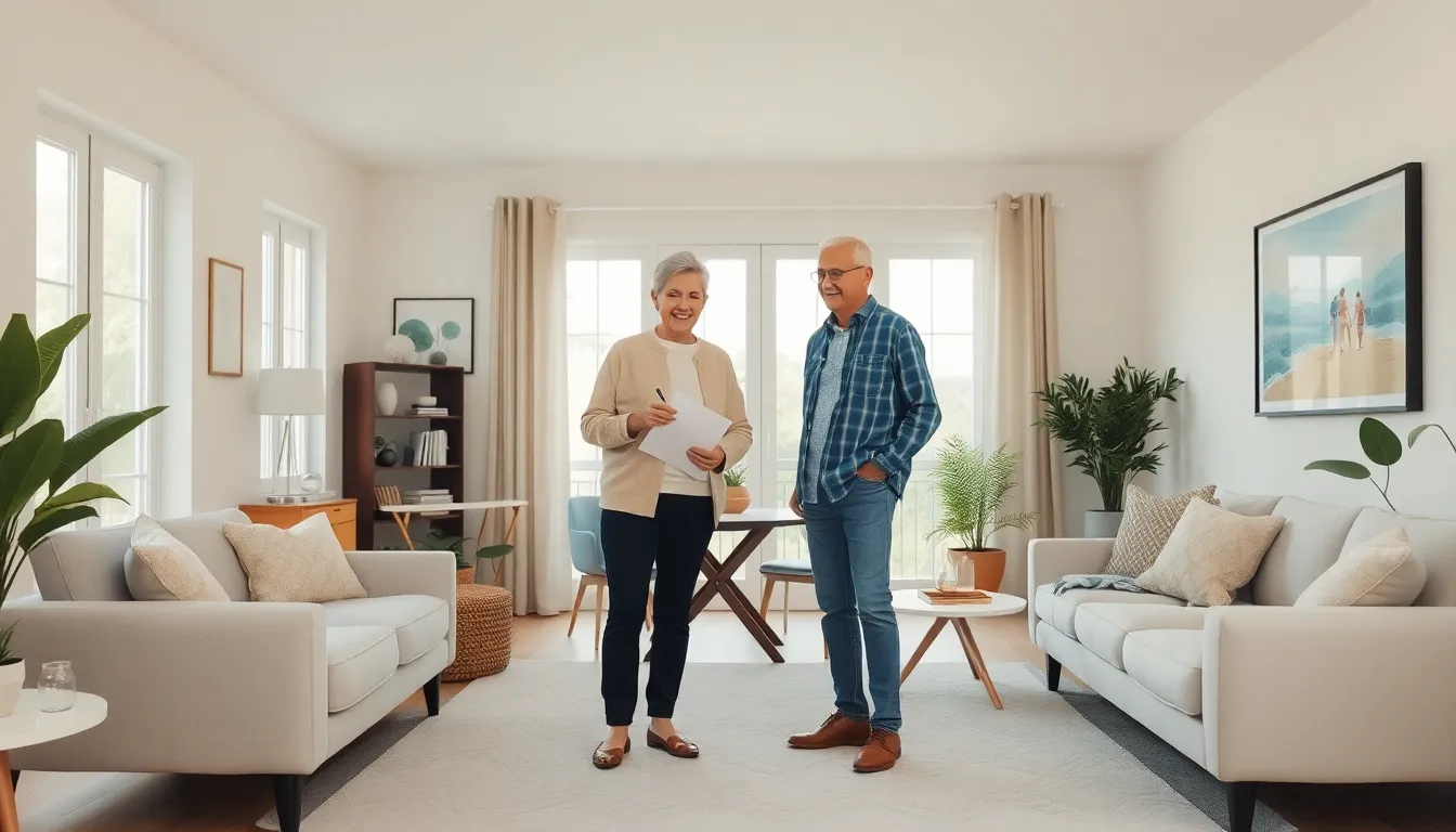 couple in a cozy, modern living space discussing downsizing for retirement.