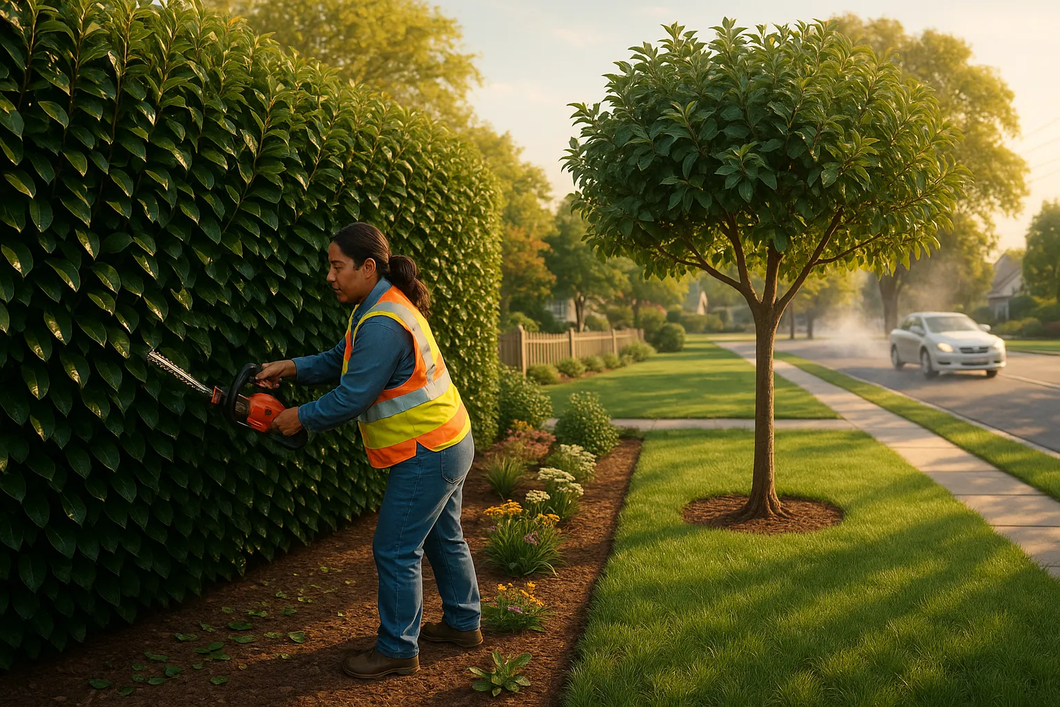 Side-by-side Cherry laurel hedge and Portugal laurel specimen tree in a suburban yard.