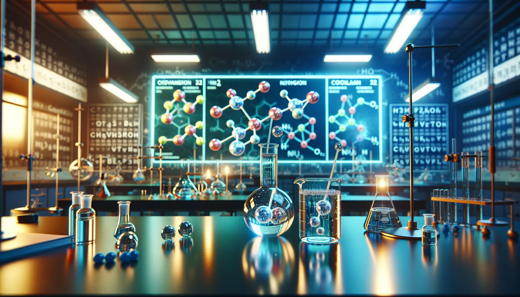 a science lab displaying covalent bond experiments with hydrogen and nitrogen.