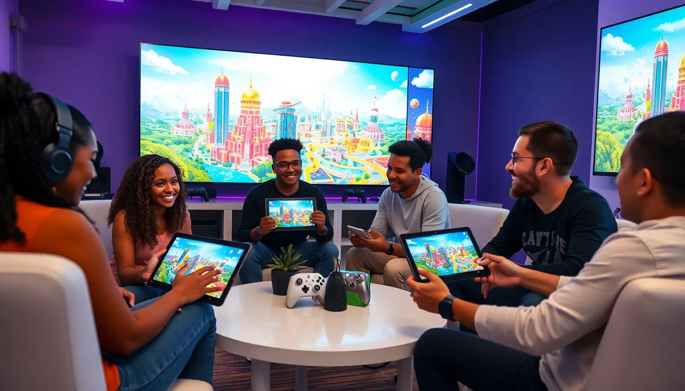 diverse gamers collaborating on Xbox Imagineer Games in a modern setting.