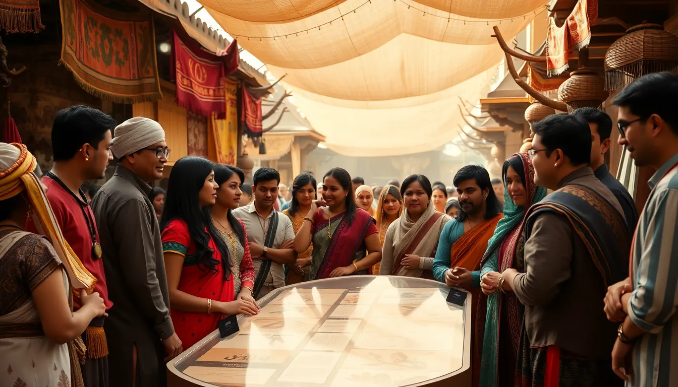 diverse individuals discussing ideas in a historical marketplace setting.