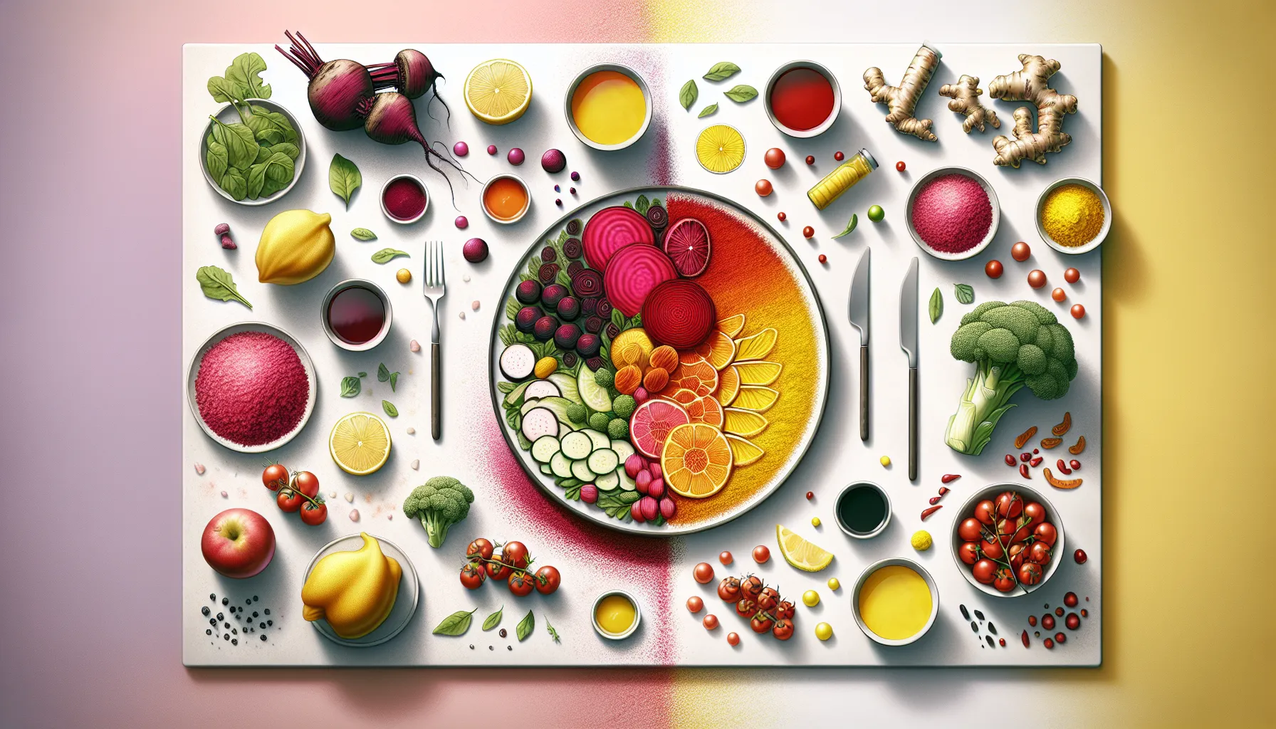 comparison of natural and artificial colored foods on a kitchen countertop.