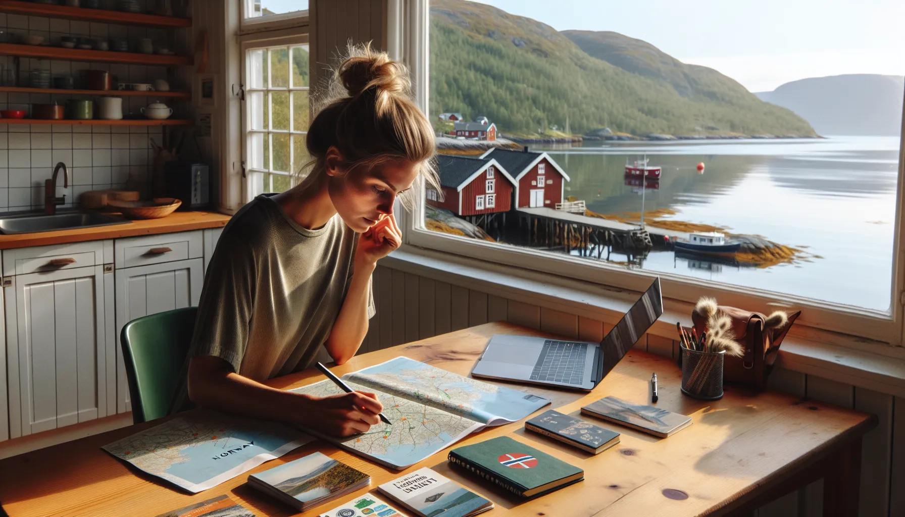 Norwegian woman planning an eco-friendly norway vacation at a sunlit kitchen table.