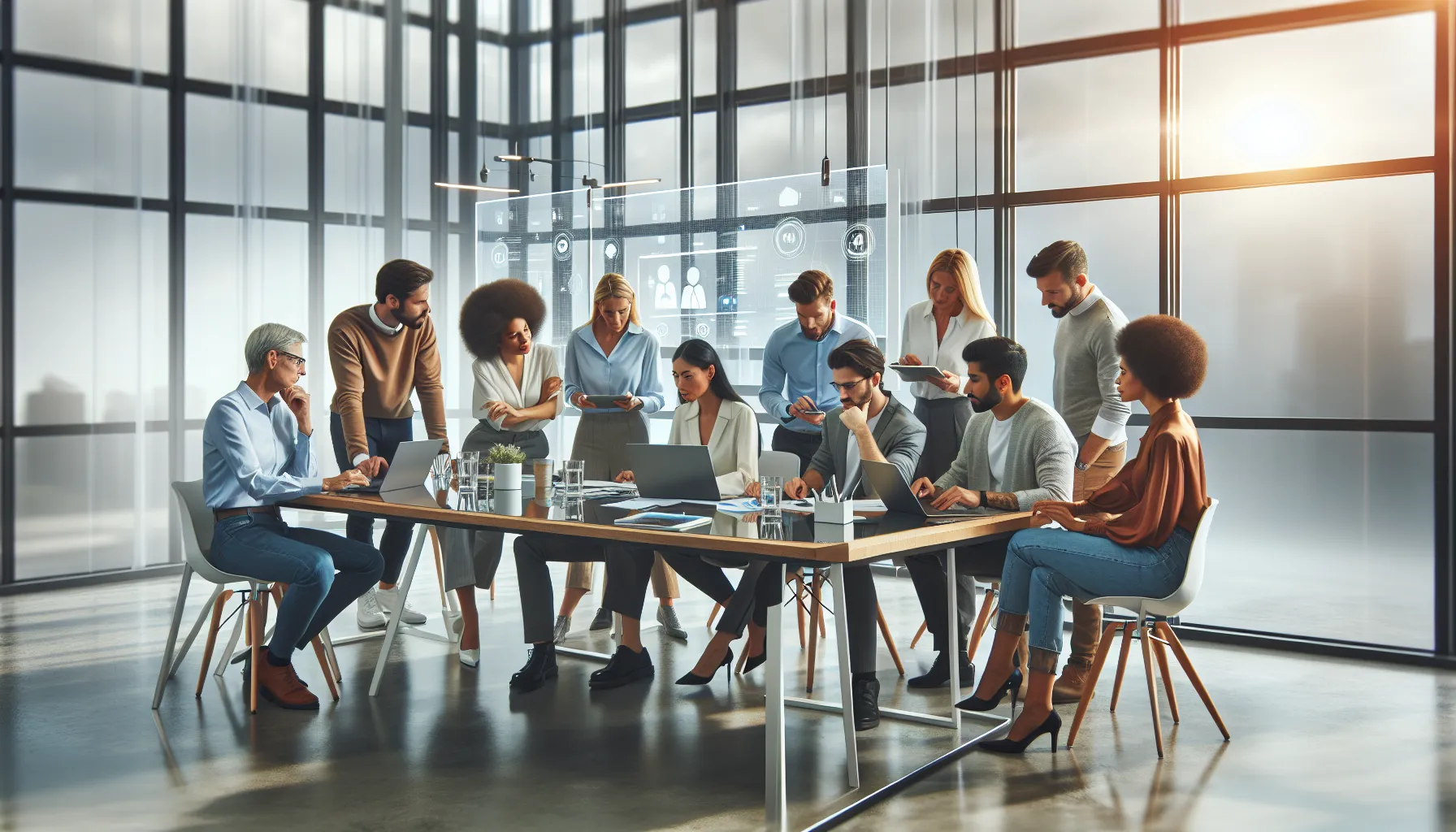 diverse professionals collaborating via teleconferencing in a bright office.