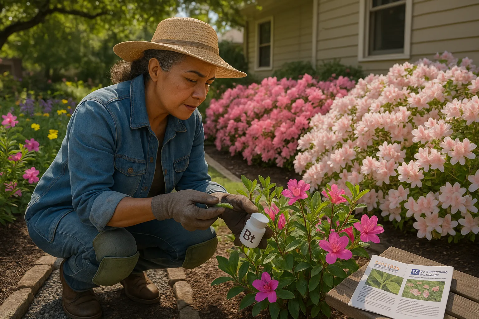 Gardener removing caterpillar from repeat-blooming azalea beside mass-planted spring azaleas.