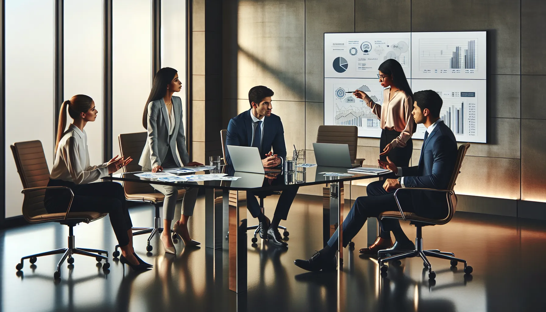 professionals discussing bankroll management strategies in a modern office setting.