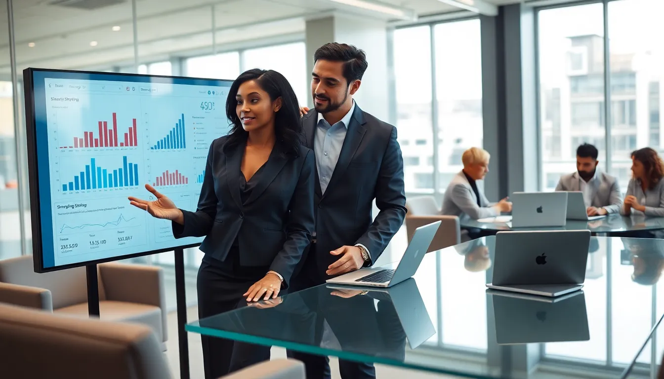 professionals analyzing historical shopping trends in a modern office.