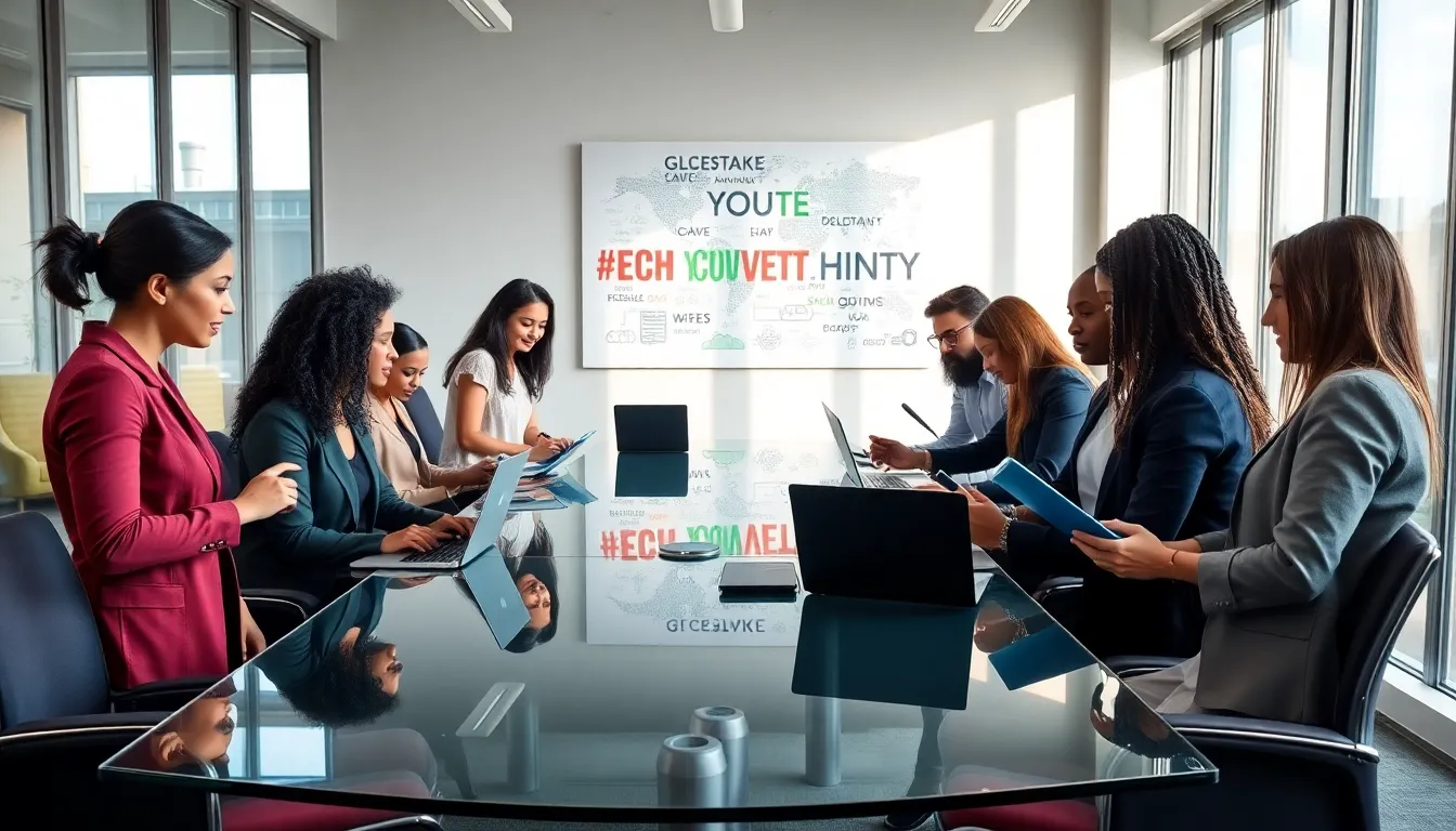 diverse team collaborating on technology projects in a modern office.