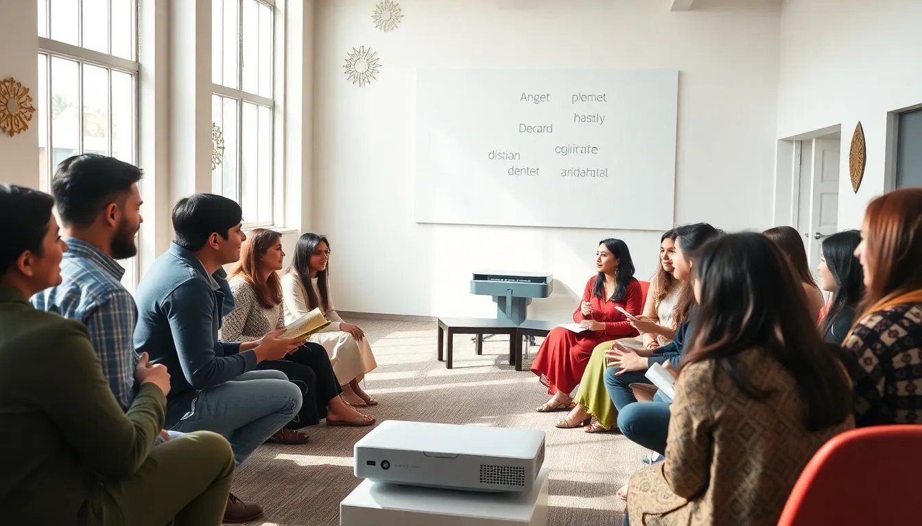 diverse group sharing stories in a modern community center.