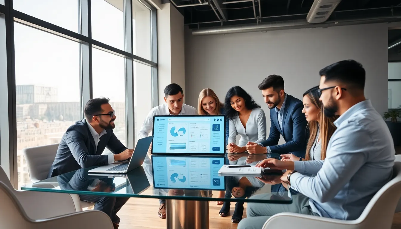 diverse team collaborating on Hlzuine28.6 software in a modern office.