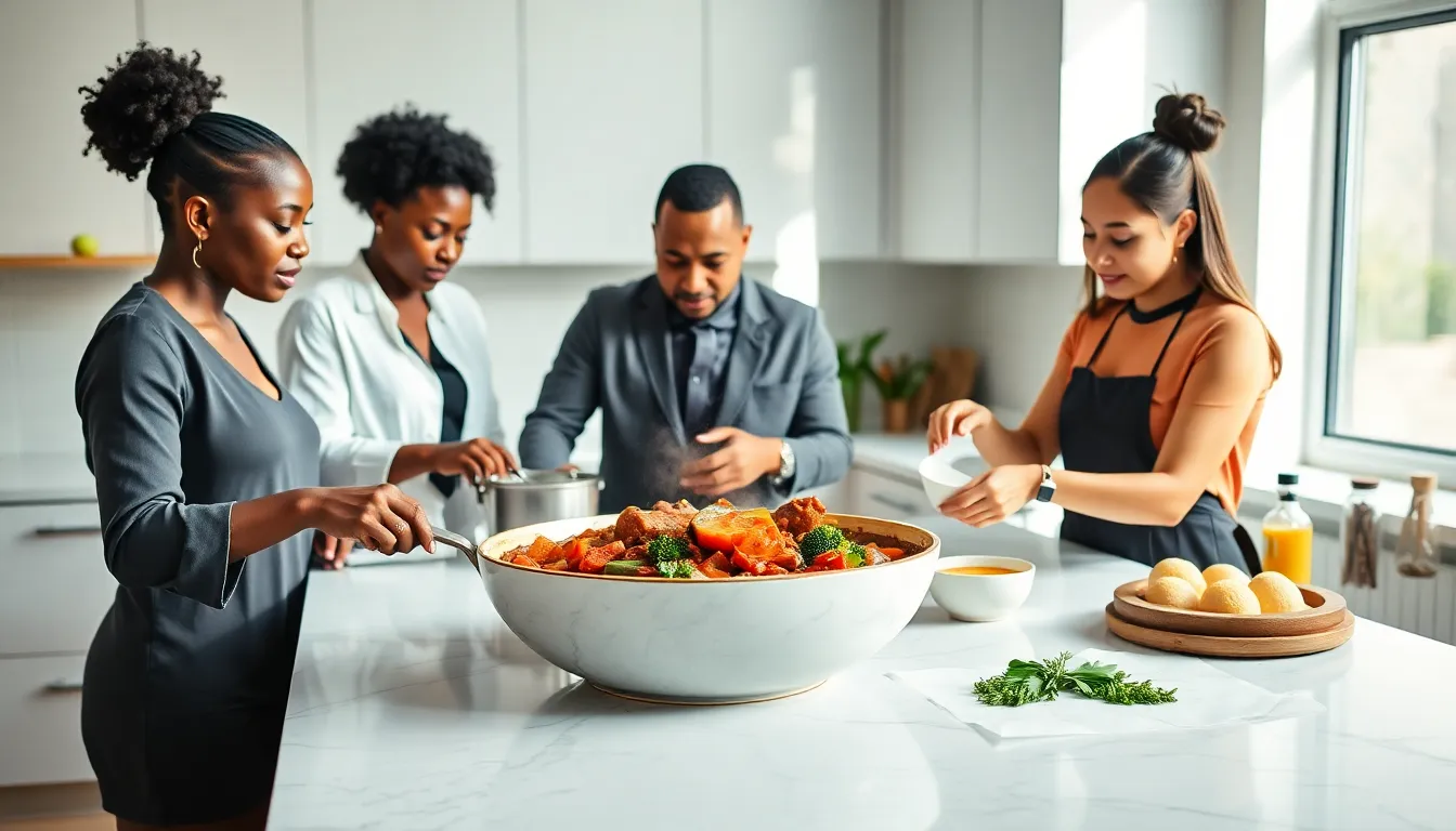 Diverse team preparing Kapuffe in a bright, modern kitchen.