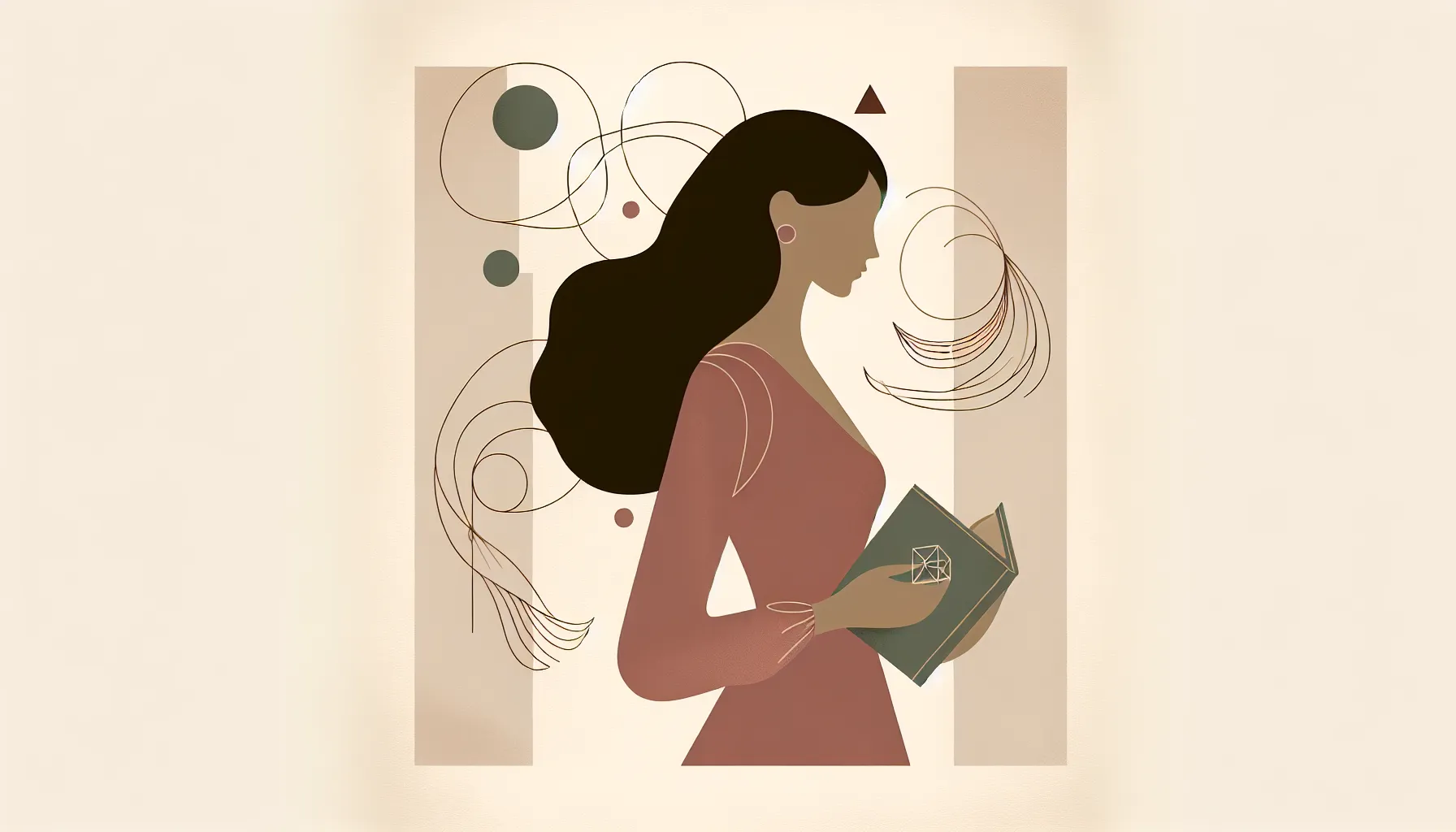 Woman's silhouette holding book with floating geometric shapes representing thoughts