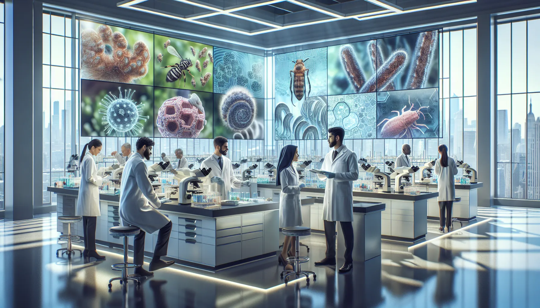 diverse team of scientists researching pertostrums in a modern lab.