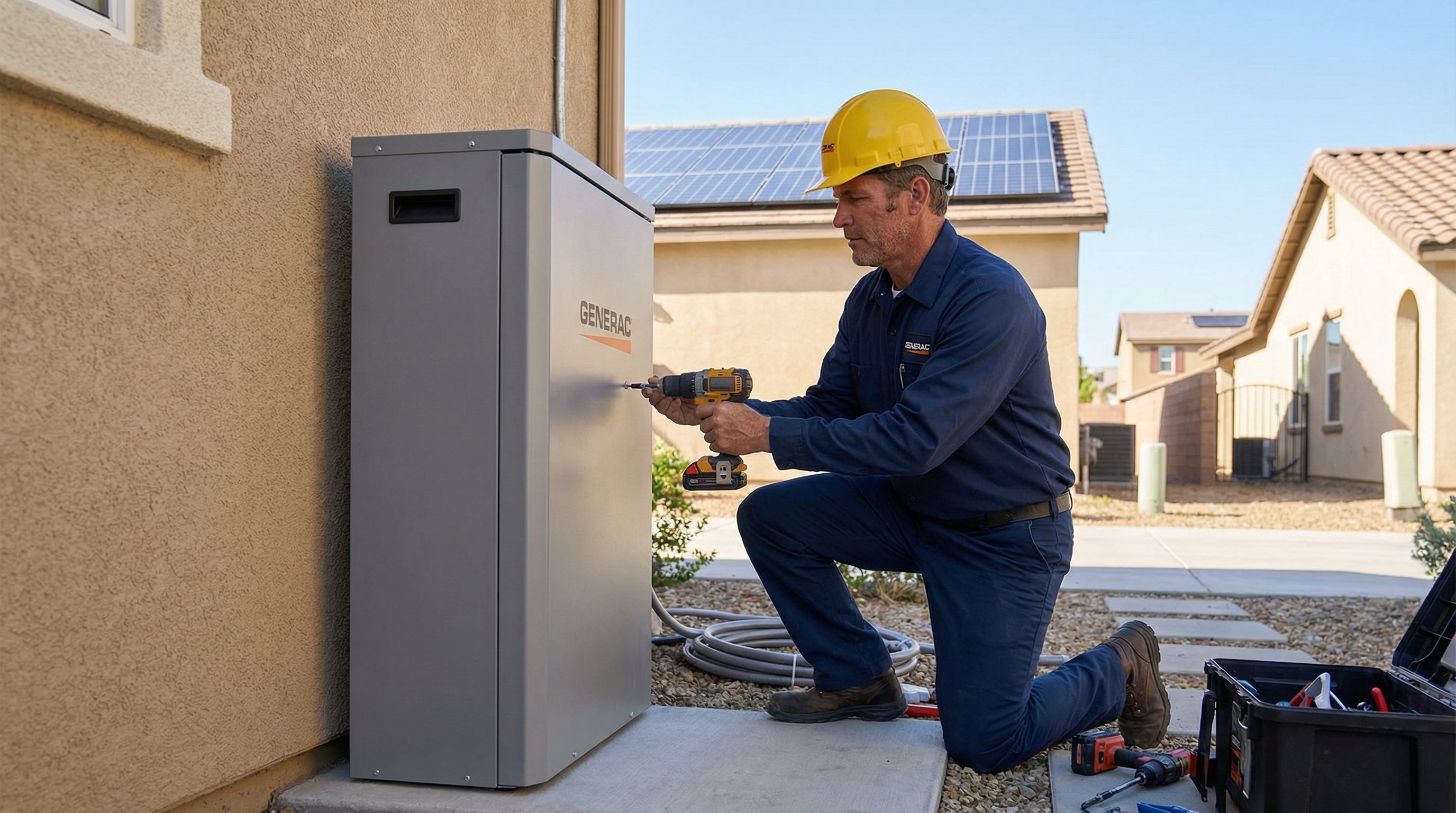 Electrician installing Generac PWRcell battery cabinet on residential home exterior wall.
