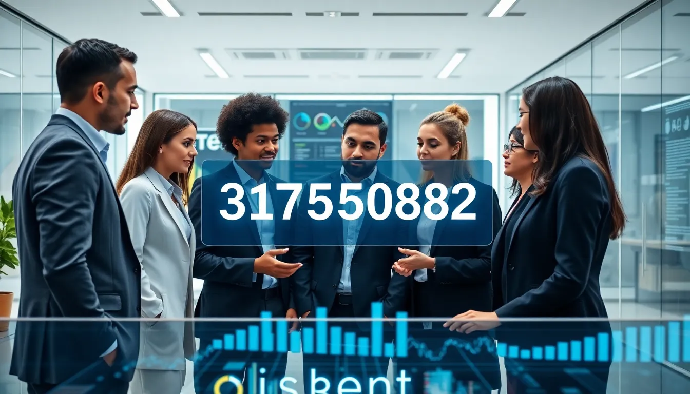 A diverse team discussing significance of number 3175503882 in a modern office.