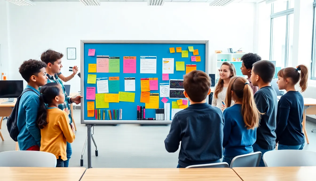 Students collaborating around an interactive fumbleboard in a modern classroom.