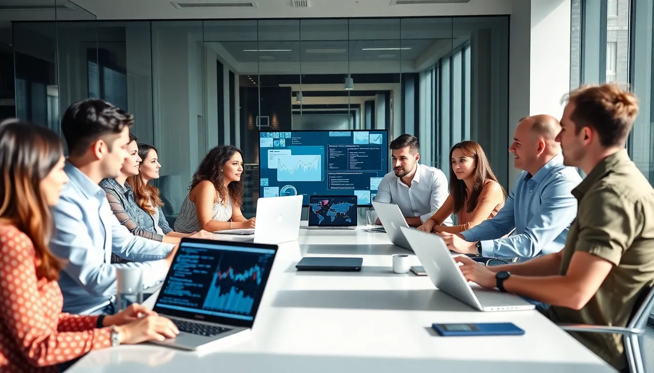 diverse team discussing data management in a modern office.
