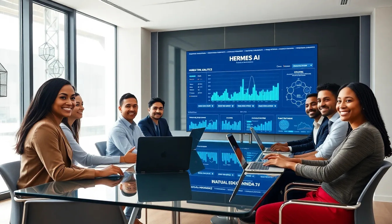 diverse team discussing Hermes AI in a modern office.