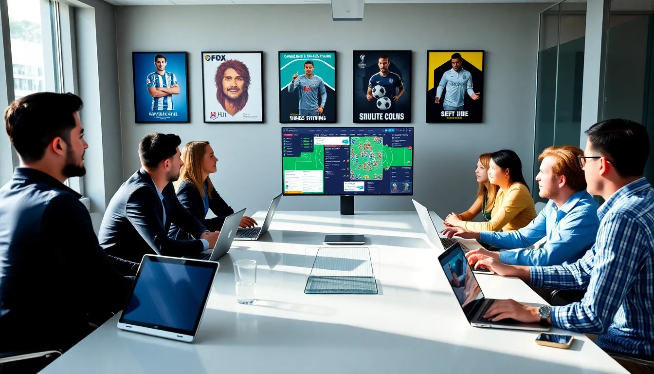 diverse team strategizing over Football Manager 2021 in a modern office.