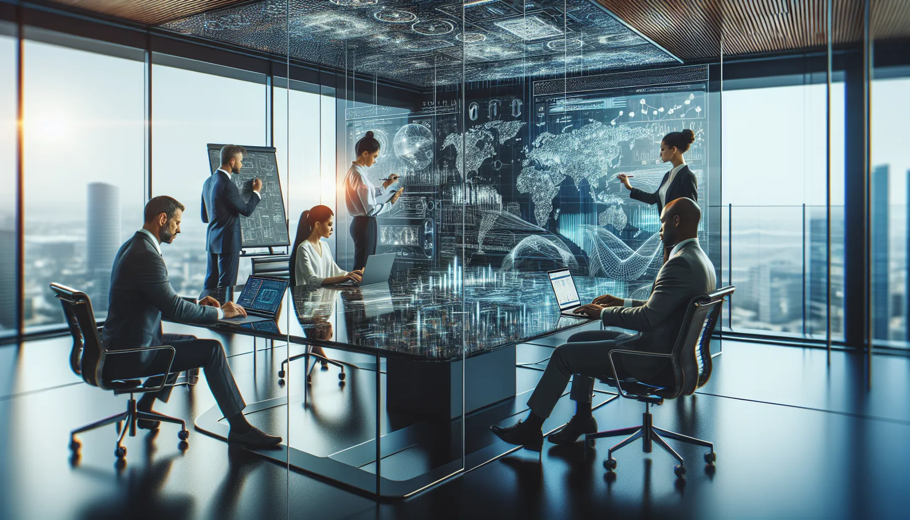 diverse team analyzing data in a modern office.