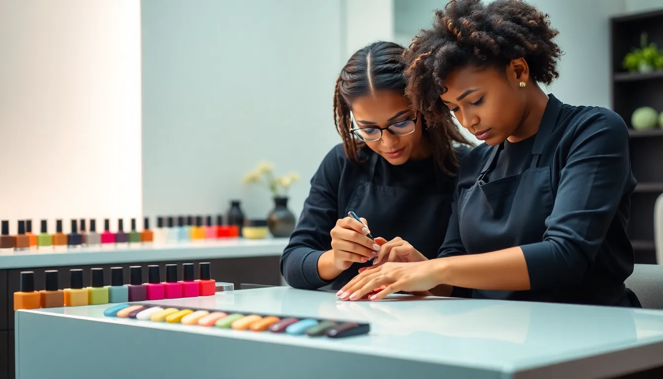 nail technician applying trendy earthy nail polish in a chic salon.