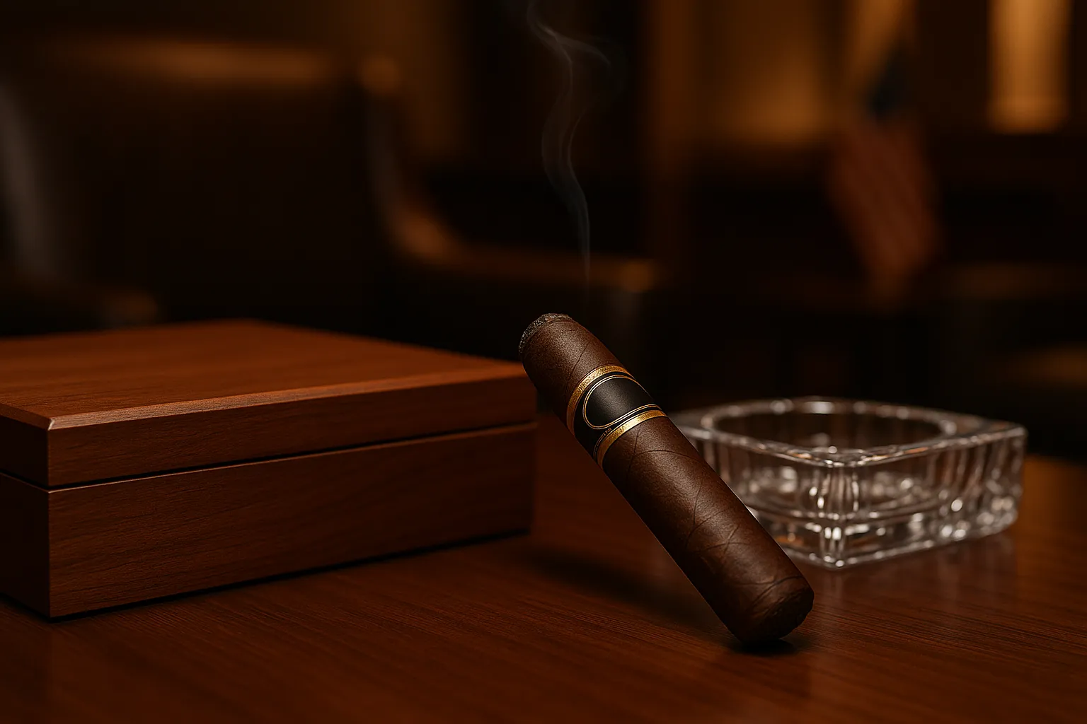 Luxury Cuban cigar on a polished desk in an upscale lounge.