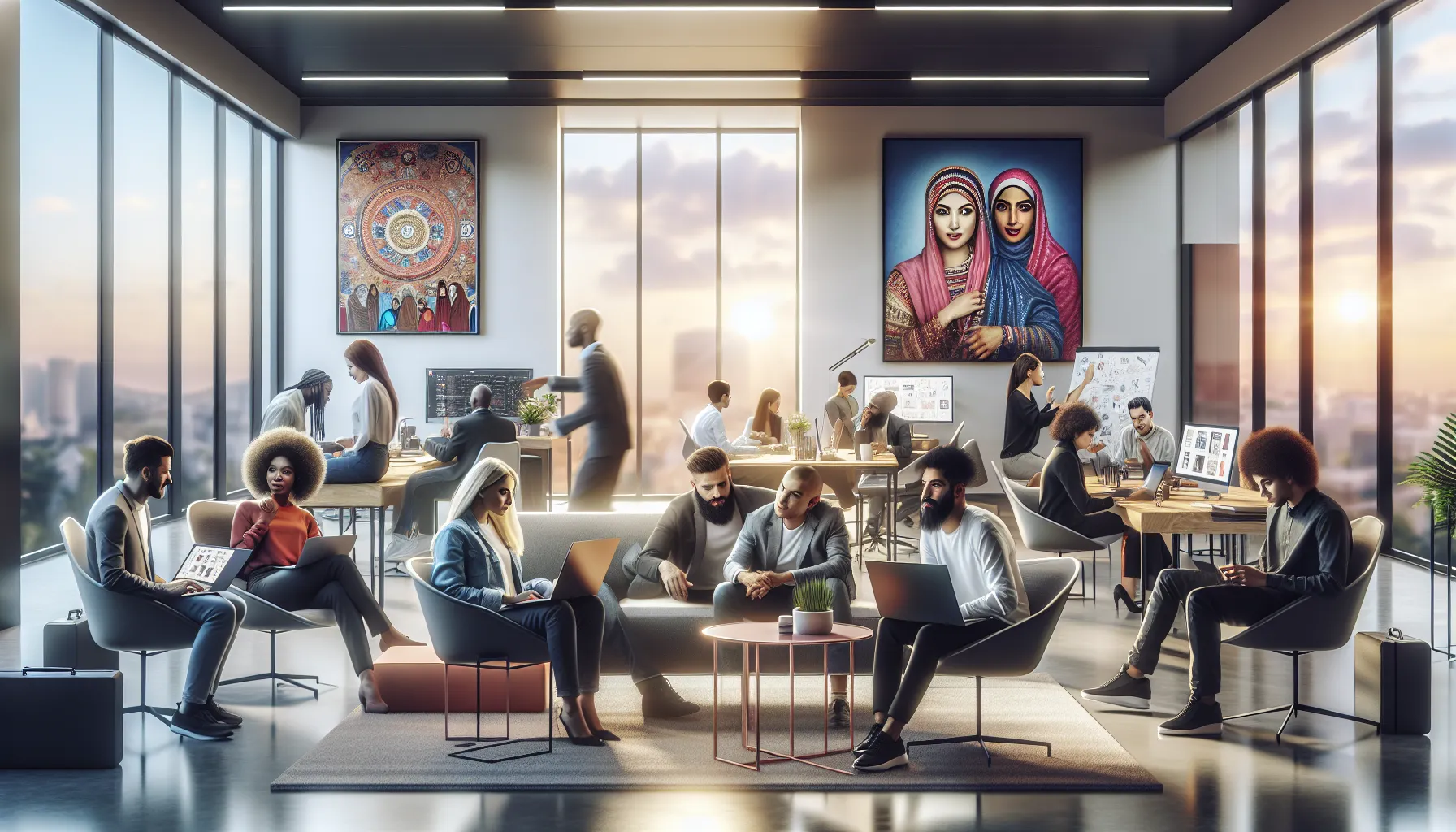 diverse group of 9jhausa creators collaborating in a modern office.