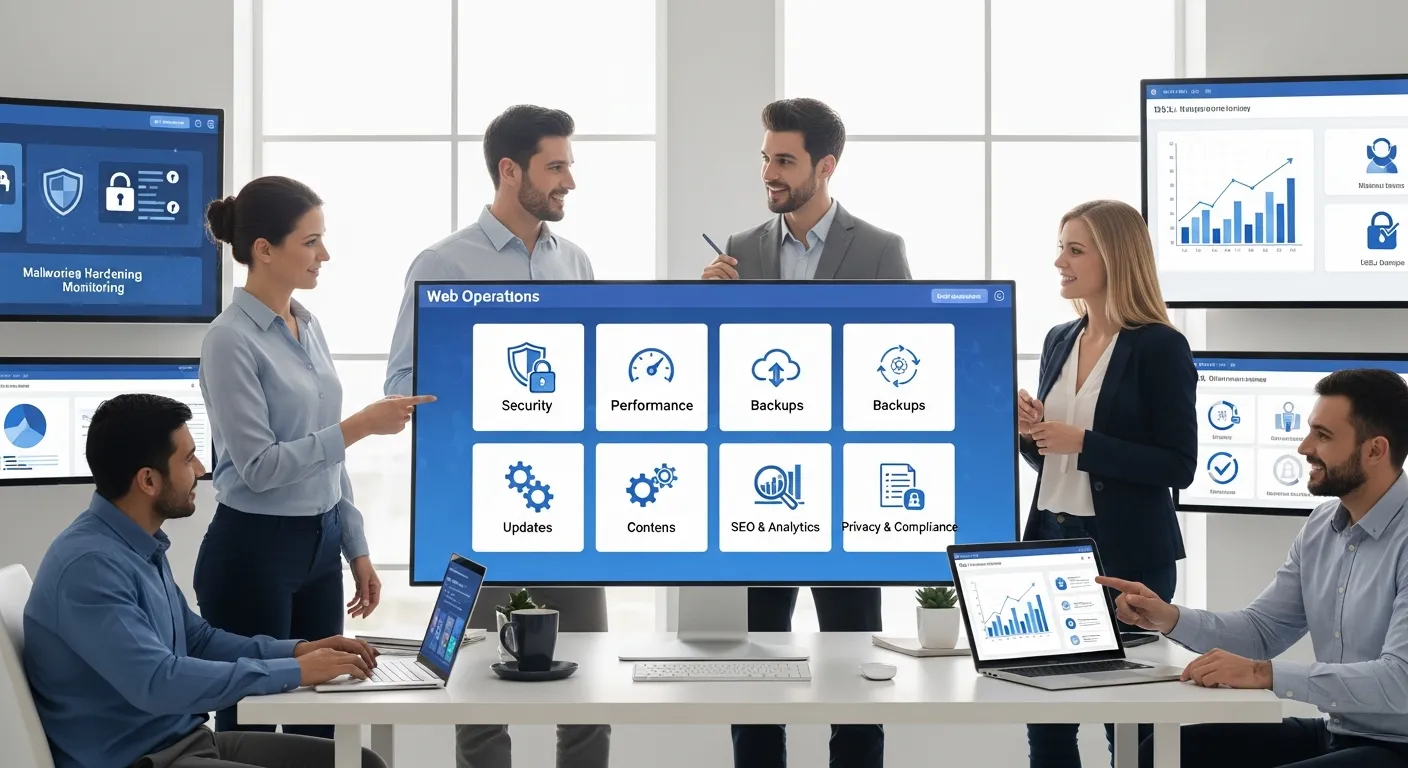 IT team managing six pillars of comprehensive WordPress maintenance on a dashboard.