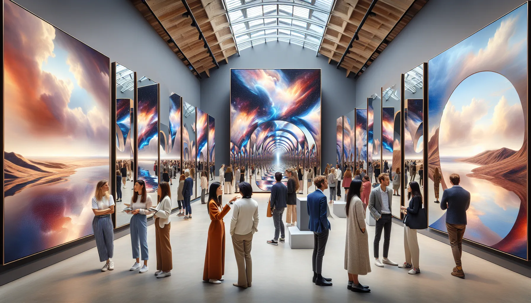 diverse audience exploring an infinity-themed art installation in a modern gallery.