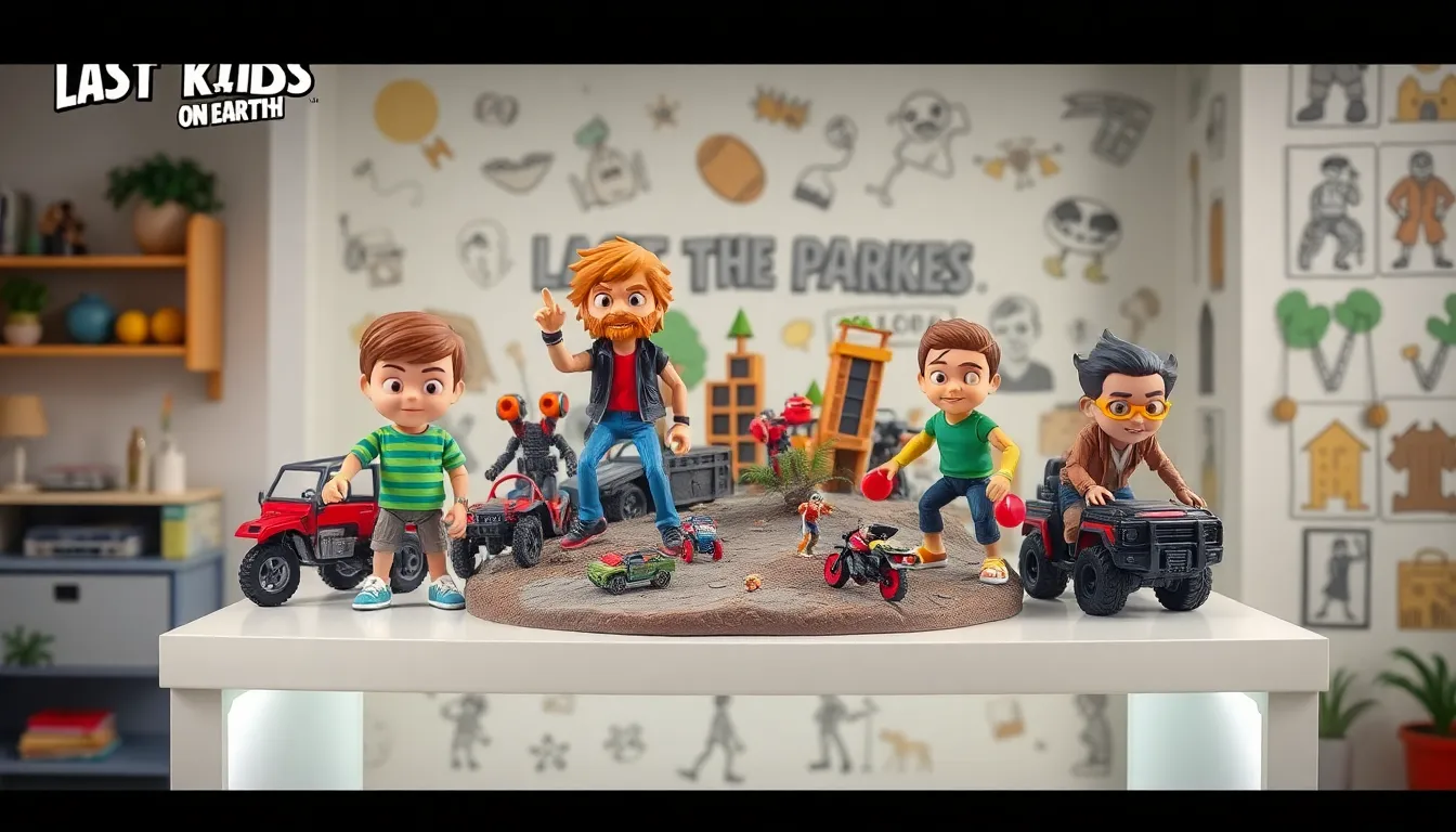 Colorful 'Last Kids On Earth' toys displayed in a lively, playful setting.