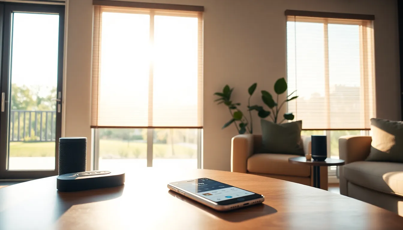 a modern living room with smart blinds and a smartphone controlling them.