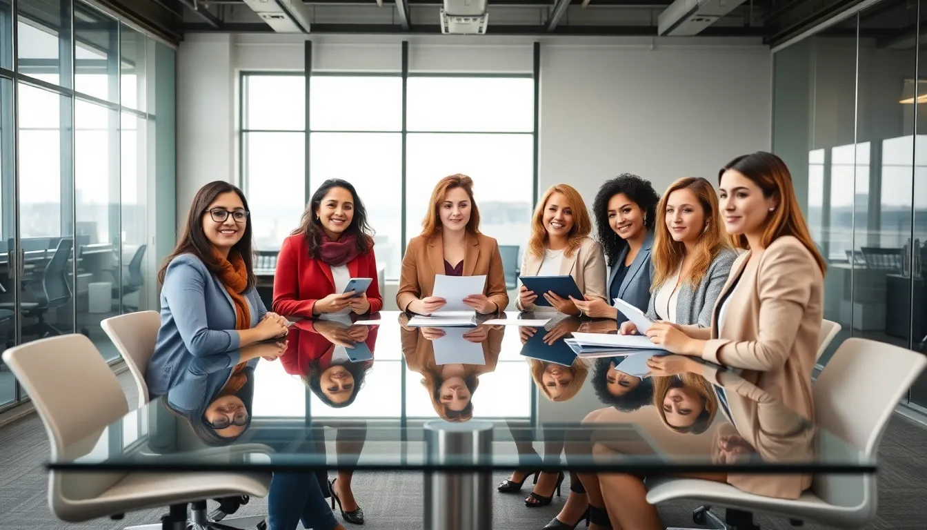 diverse women collaborating in a modern office setting.