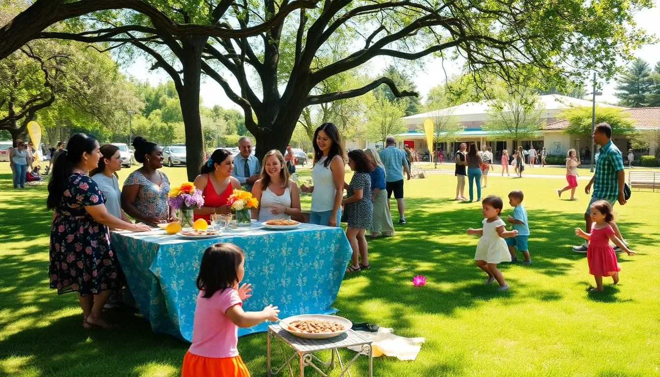 diverse group celebrating a thrifty outdoor event in a park.