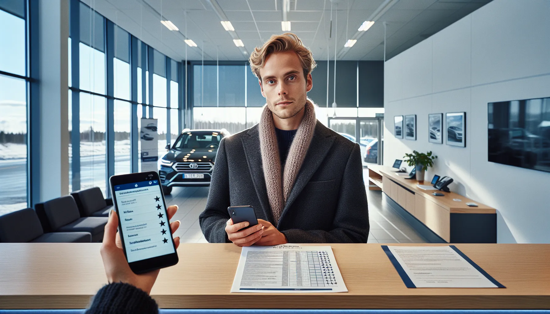 Hvordan velge riktig bilforhandler for ditt neste kjøp 3 Buyer checks reviews as salesperson presents documents in a norwegian showroom.