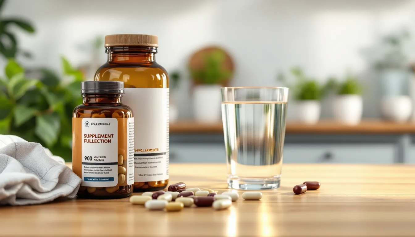 Vitamin D, magnesium, and omega-3 supplement bottles on a sunlit kitchen counter.