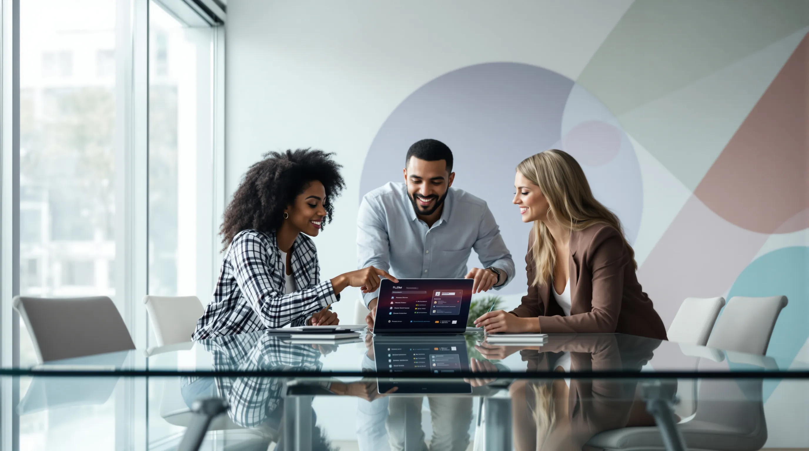 diverse team collaborating over a digital interface in a modern office.
