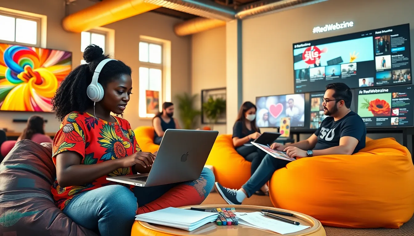 a diverse group of creatives working in a vibrant co-working space.