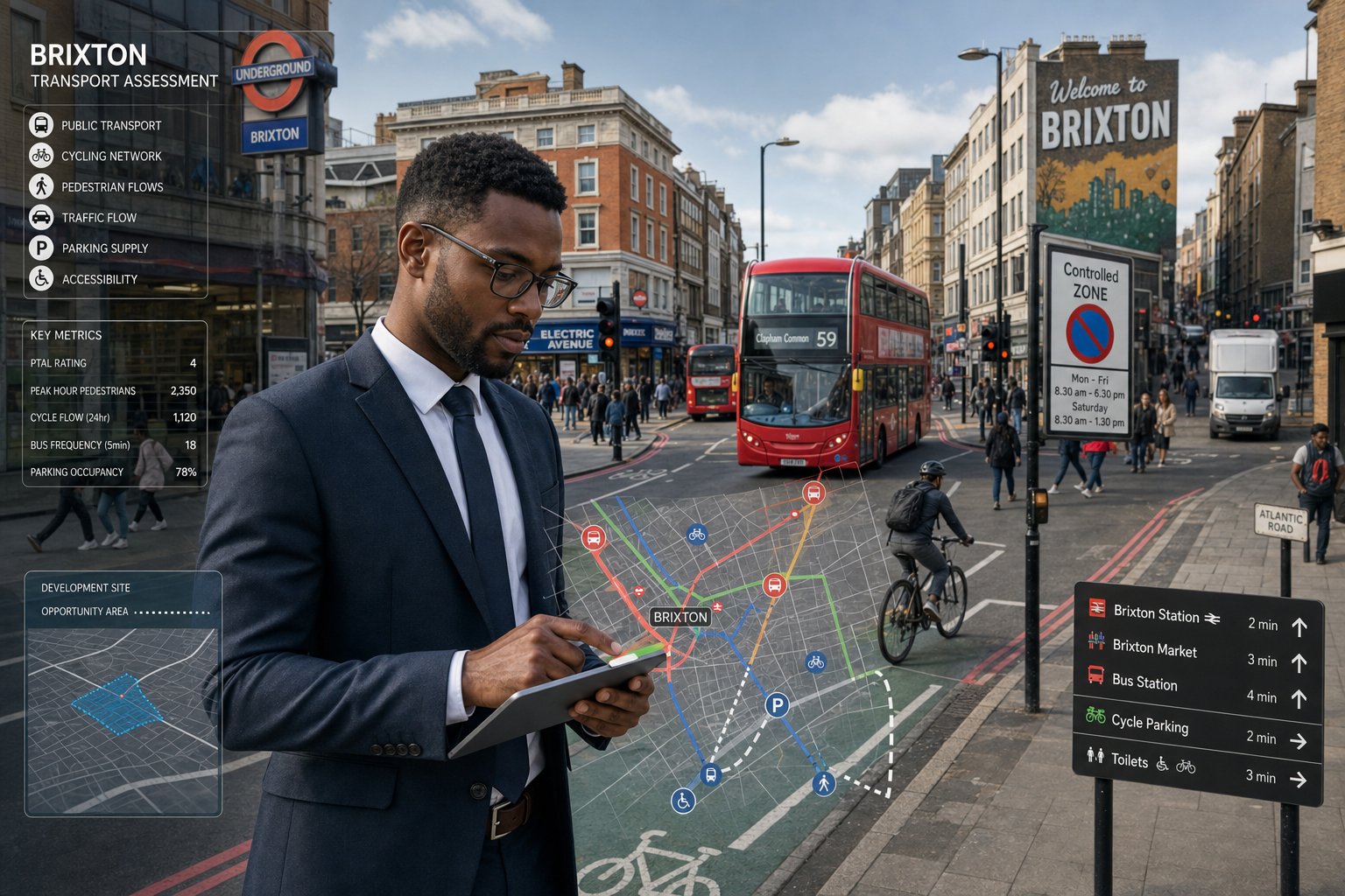Traffic engineer assessing Brixton street transport conditions near buses and pedestrians.