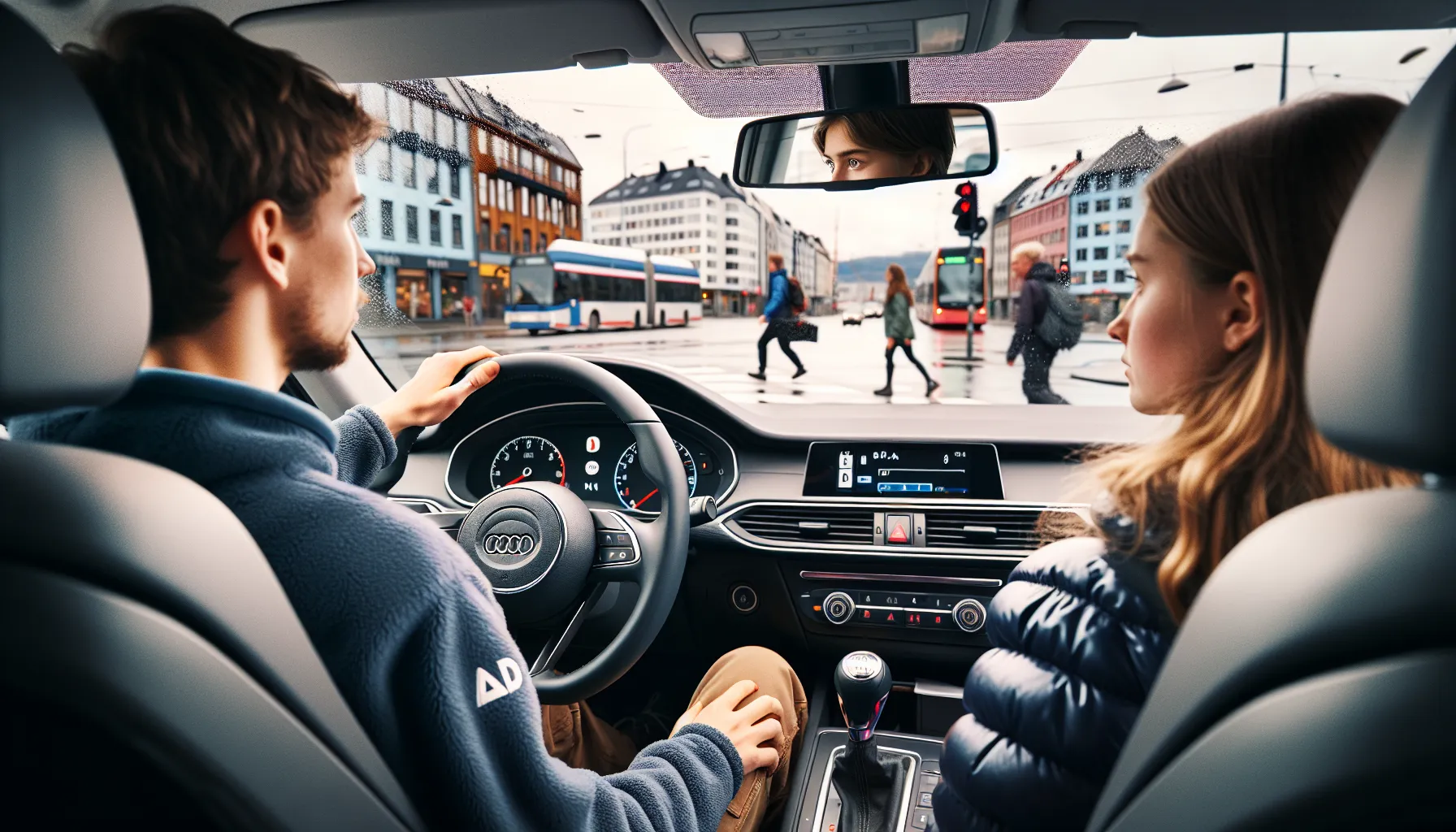 Learner driver in automatic car focuses on traffic at norwegian intersection.